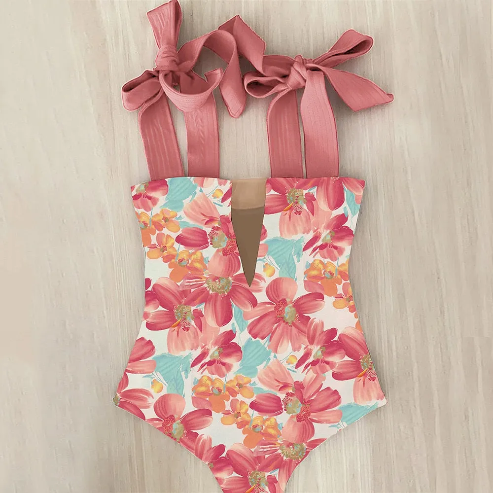 2023 New Sexy One Piece Swimsuit Shoulder Strappy Swimsuit Print Floral Swimwear