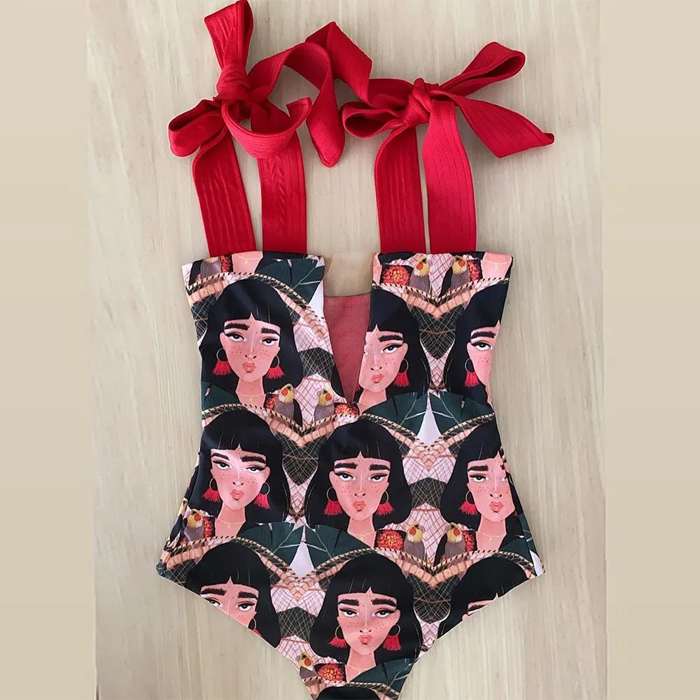 2023 New Sexy One Piece Swimsuit Shoulder Strappy Swimsuit Print Floral Swimwear