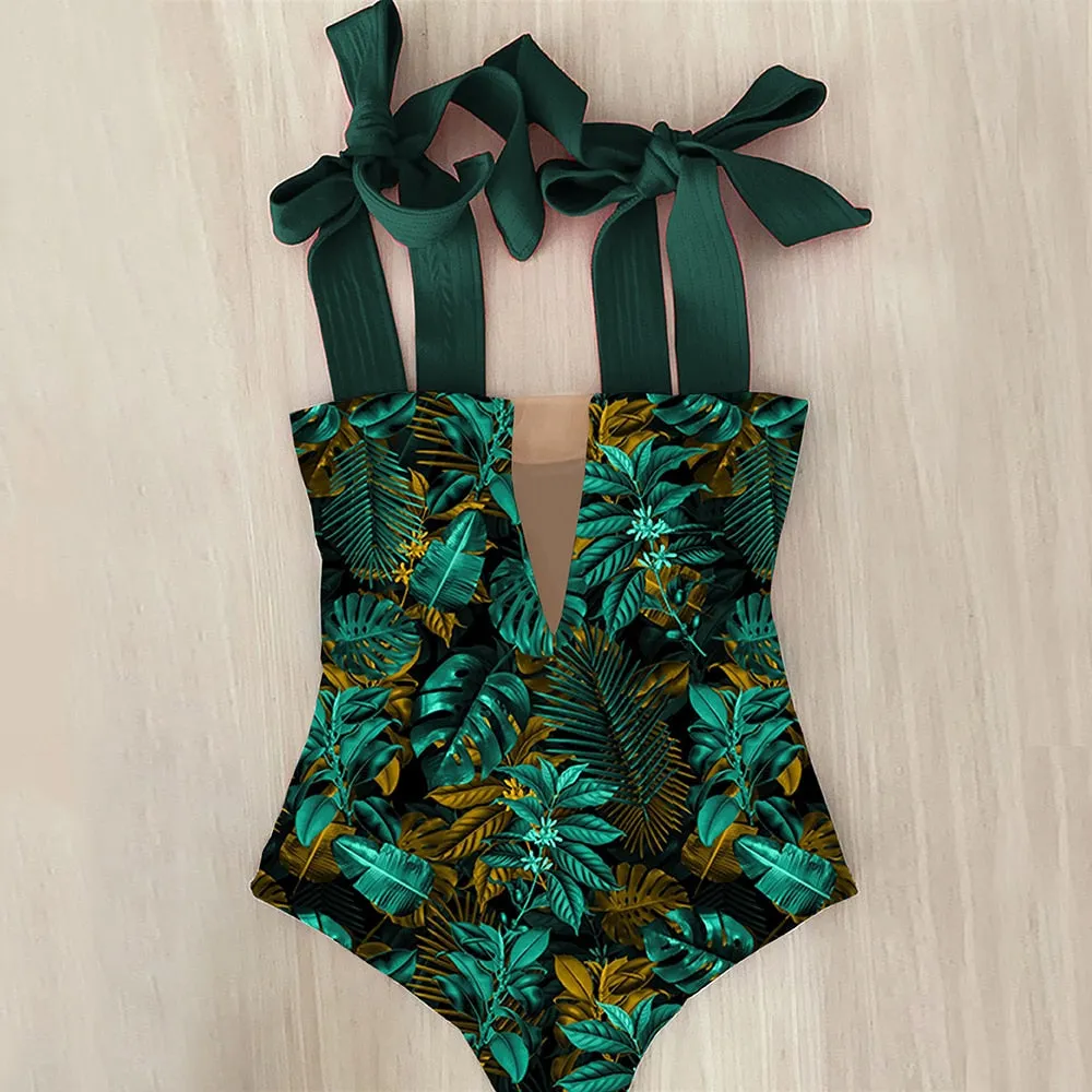2023 New Sexy One Piece Swimsuit Shoulder Strappy Swimsuit Print Floral Swimwear