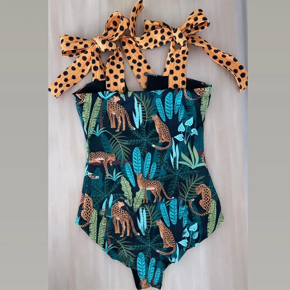2023 New Sexy One Piece Swimsuit Shoulder Strappy Swimsuit Print Floral Swimwear