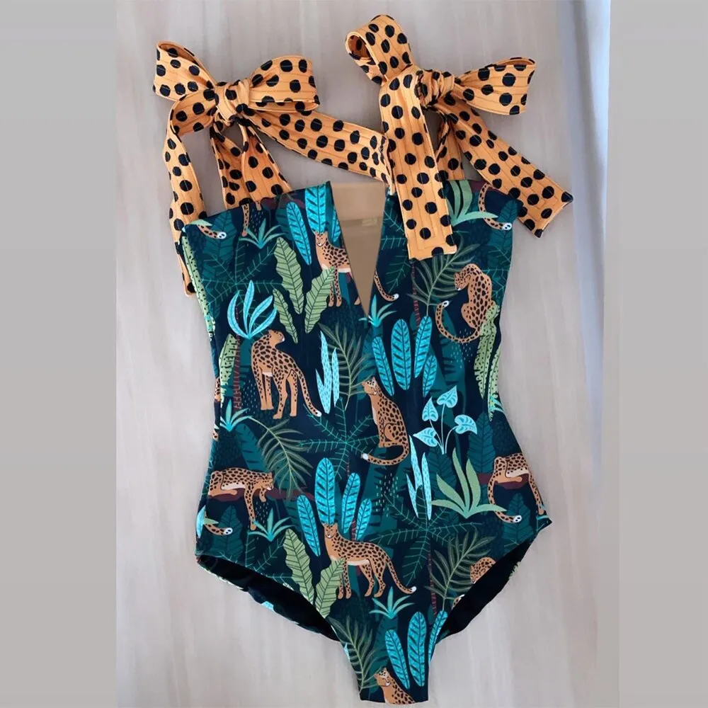 2023 New Sexy One Piece Swimsuit Shoulder Strappy Swimsuit Print Floral Swimwear