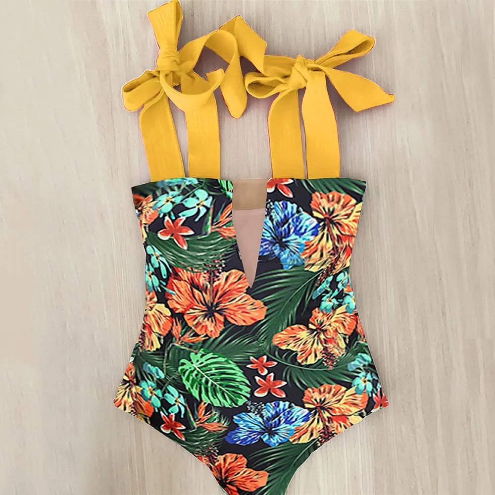 2023 New Sexy One Piece Swimsuit Shoulder Strappy Swimsuit Print Floral Swimwear