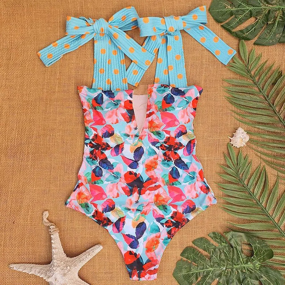 2023 New Sexy One Piece Swimsuit Shoulder Strappy Swimsuit Print Floral Swimwear