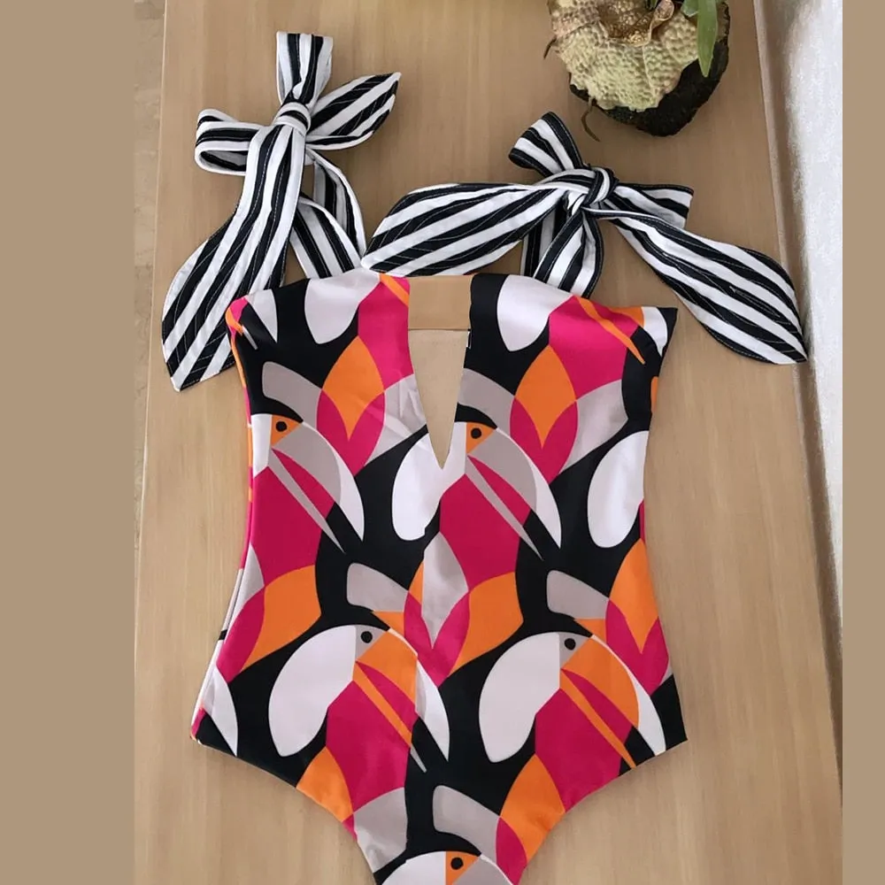 2023 New Sexy One Piece Swimsuit Shoulder Strappy Swimsuit Print Floral Swimwear