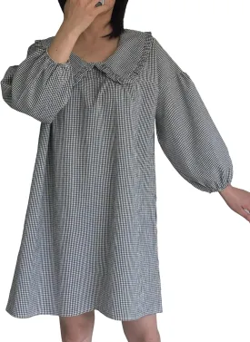 2025 Women's Babydoll 3/4 Puff Sleeve Plaid Mini Dress Lapel Doll Collar Loose Y2k Dress