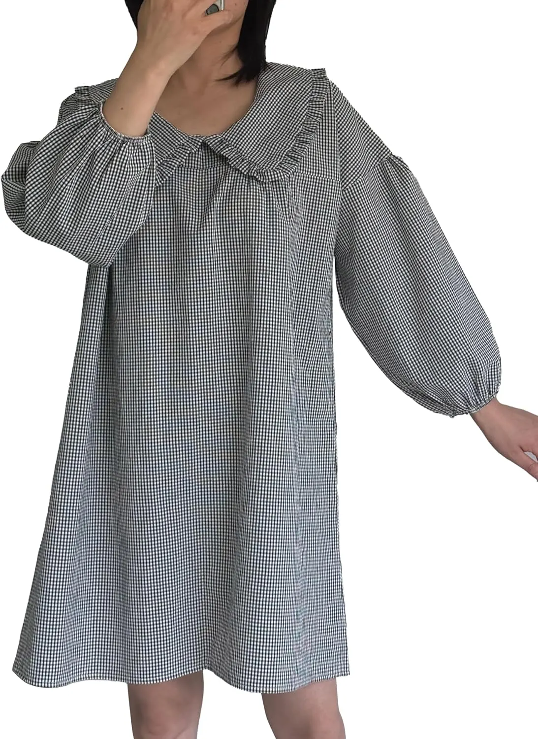 2025 Women's Babydoll 3/4 Puff Sleeve Plaid Mini Dress Lapel Doll Collar Loose Y2k Dress
