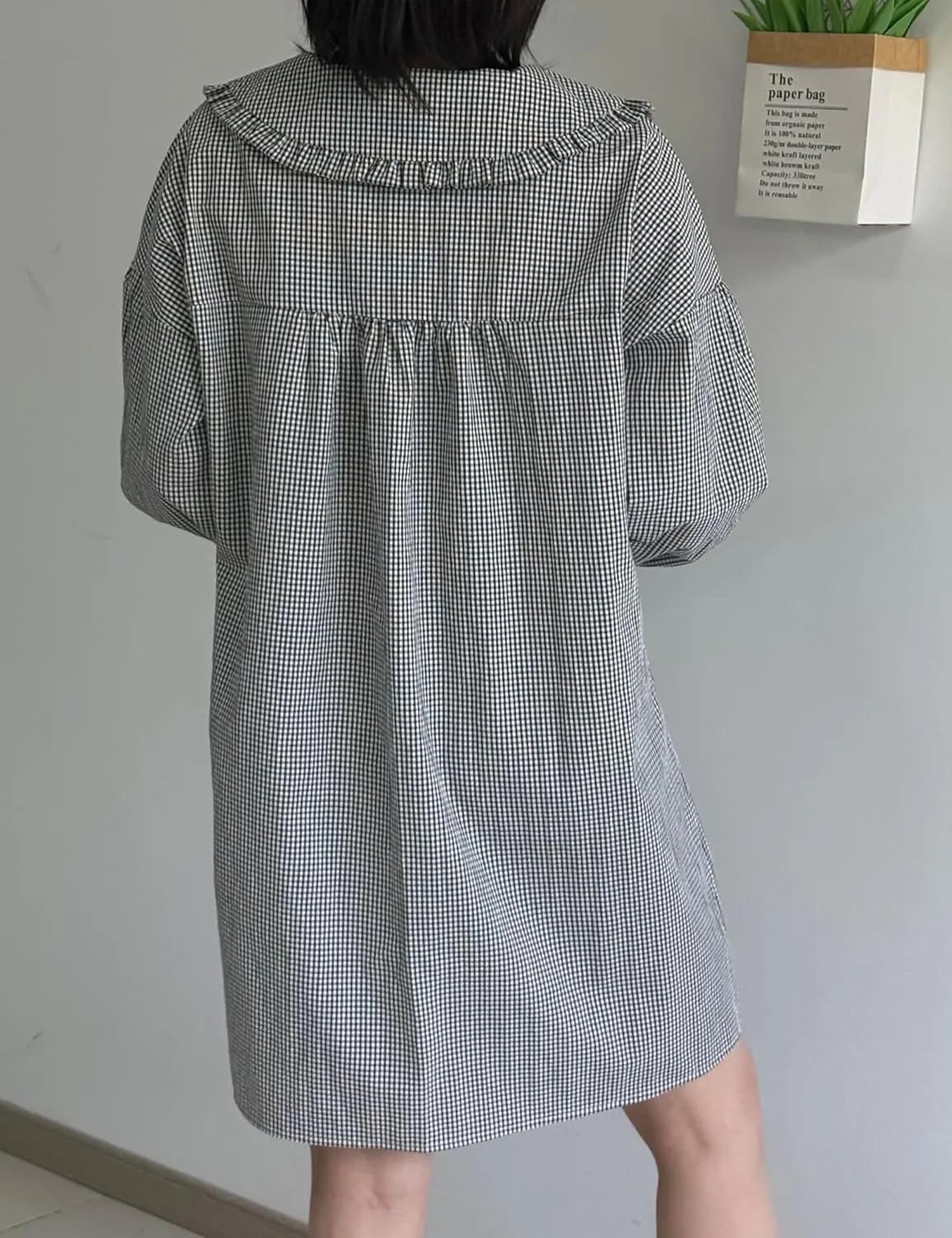 2025 Women's Babydoll 3/4 Puff Sleeve Plaid Mini Dress Lapel Doll Collar Loose Y2k Dress