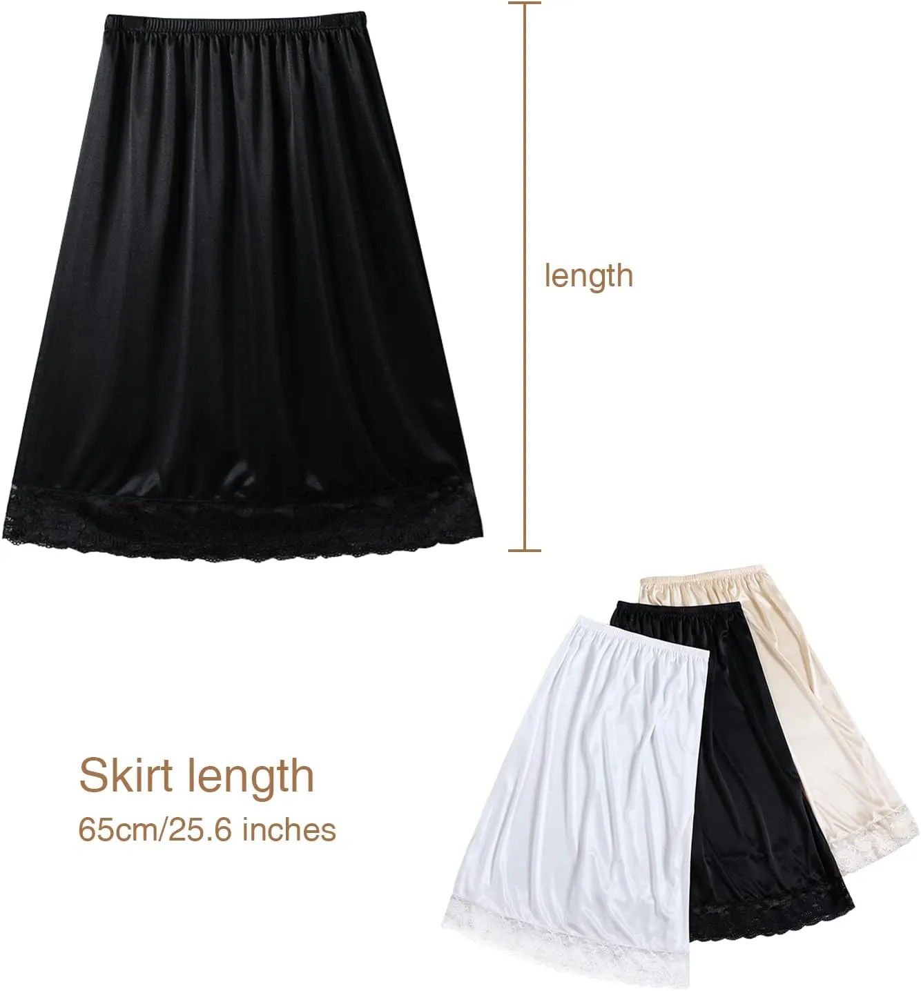 3 Pieces Women's Lace Satin Half silps Lace Long Underskirt Half Skirt with Lace Trim Half Slips for Under Dresses Slip