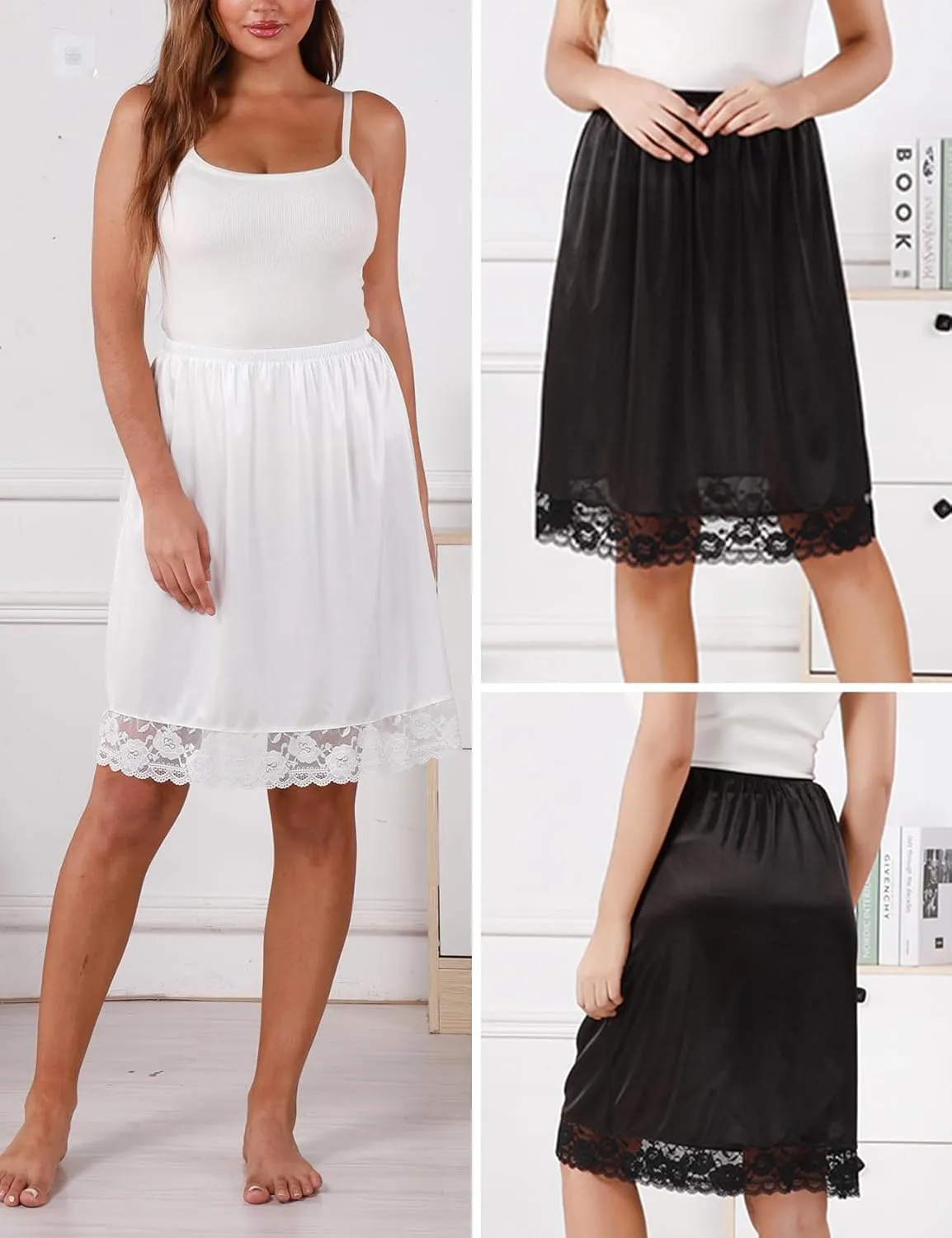 3 Pieces Women's Lace Satin Half silps Lace Long Underskirt Half Skirt with Lace Trim Half Slips for Under Dresses Slip