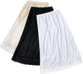 3 Pieces Women's Lace Satin Half silps Lace Long Underskirt Half Skirt with Lace Trim Half Slips for Under Dresses Slip