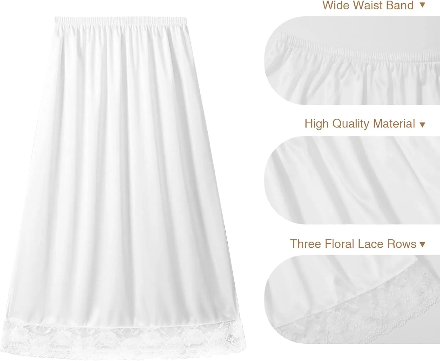 3 Pieces Women's Lace Satin Half silps Lace Long Underskirt Half Skirt with Lace Trim Half Slips for Under Dresses Slip