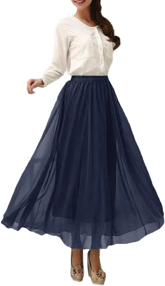 Afibi Womens Chiffon Retro Long Maxi Skirt Beach Ankle Length Skirt