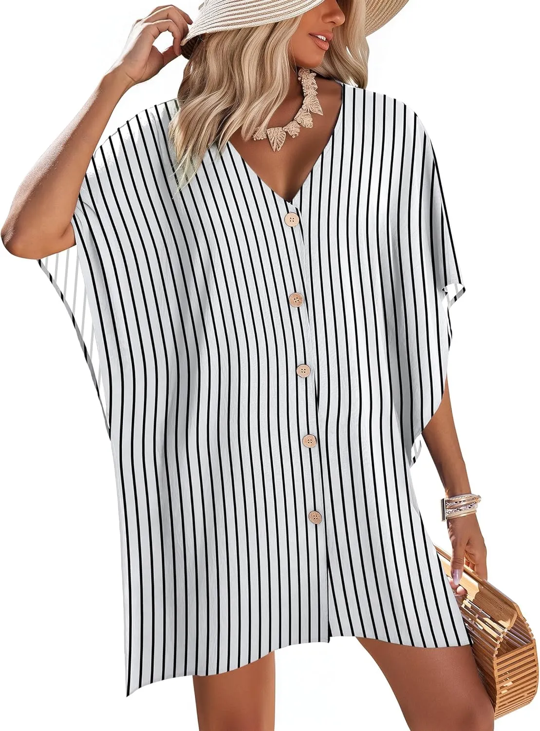 AI'MAGE Womens Swimsuit Cover Up Button Down Bathing Suit Coverups 3/4 Sleeve Beachwear Oversized Bikini Shirt Dresses S-XXL
