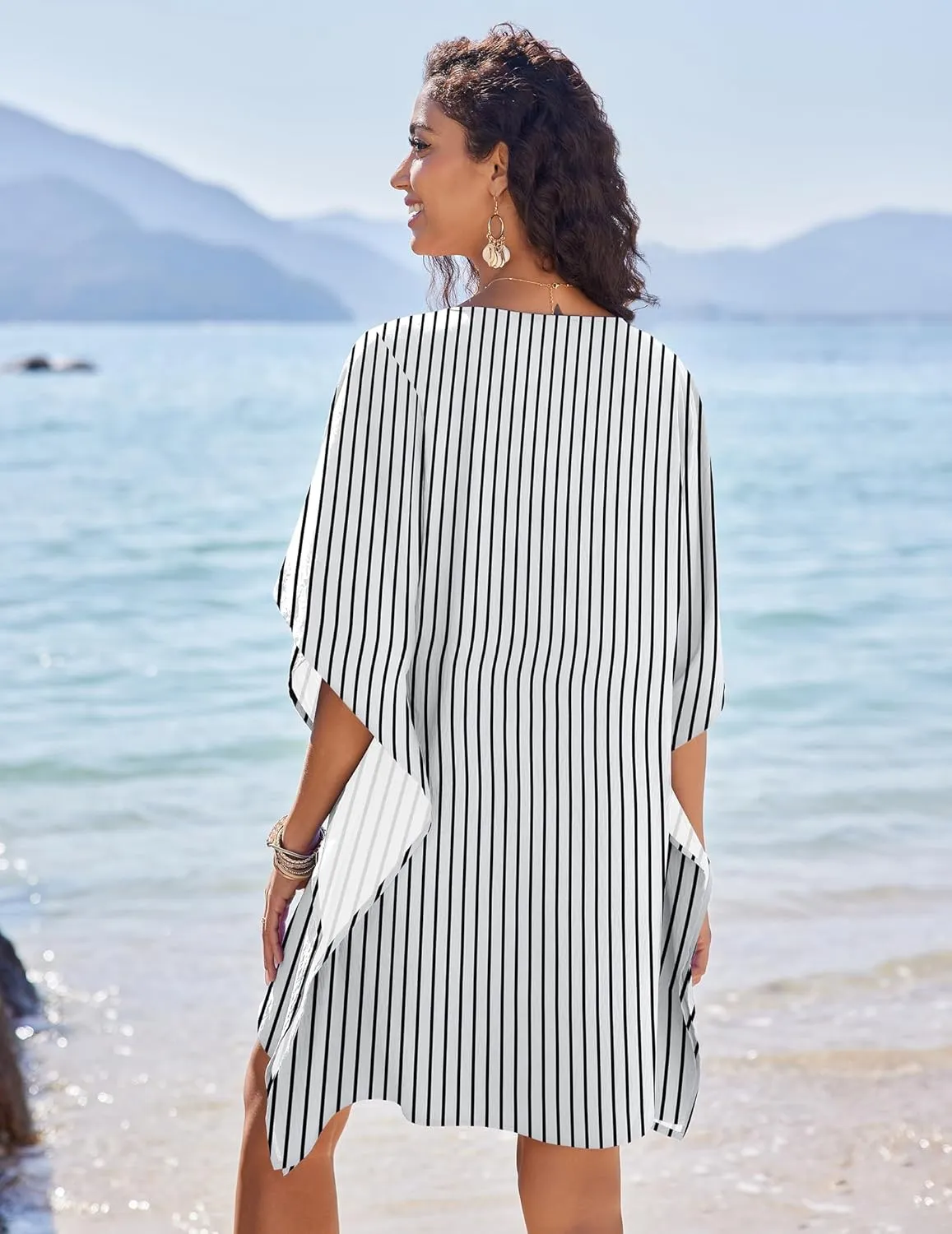 AI'MAGE Womens Swimsuit Cover Up Button Down Bathing Suit Coverups 3/4 Sleeve Beachwear Oversized Bikini Shirt Dresses S-XXL