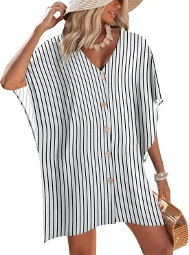 AI'MAGE Womens Swimsuit Cover Up Button Down Bathing Suit Coverups 3/4 Sleeve Beachwear Oversized Bikini Shirt Dresses S-XXL