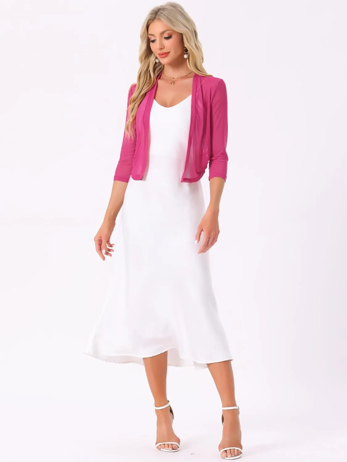 Allegra K Sheer Mesh Bolero Shrugs for Women's Elegant 3/4 Sleeve Lightweight Cropped Cardigan