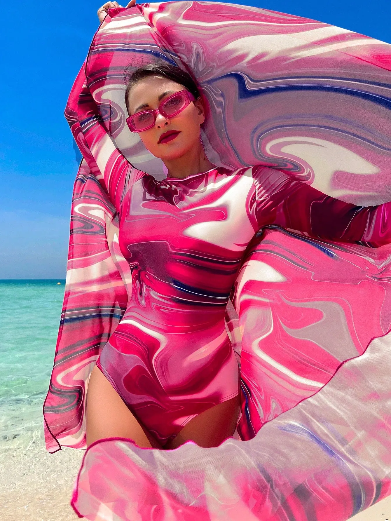Allover Print One Piece Swimsuit With Beach Skirt SS23
