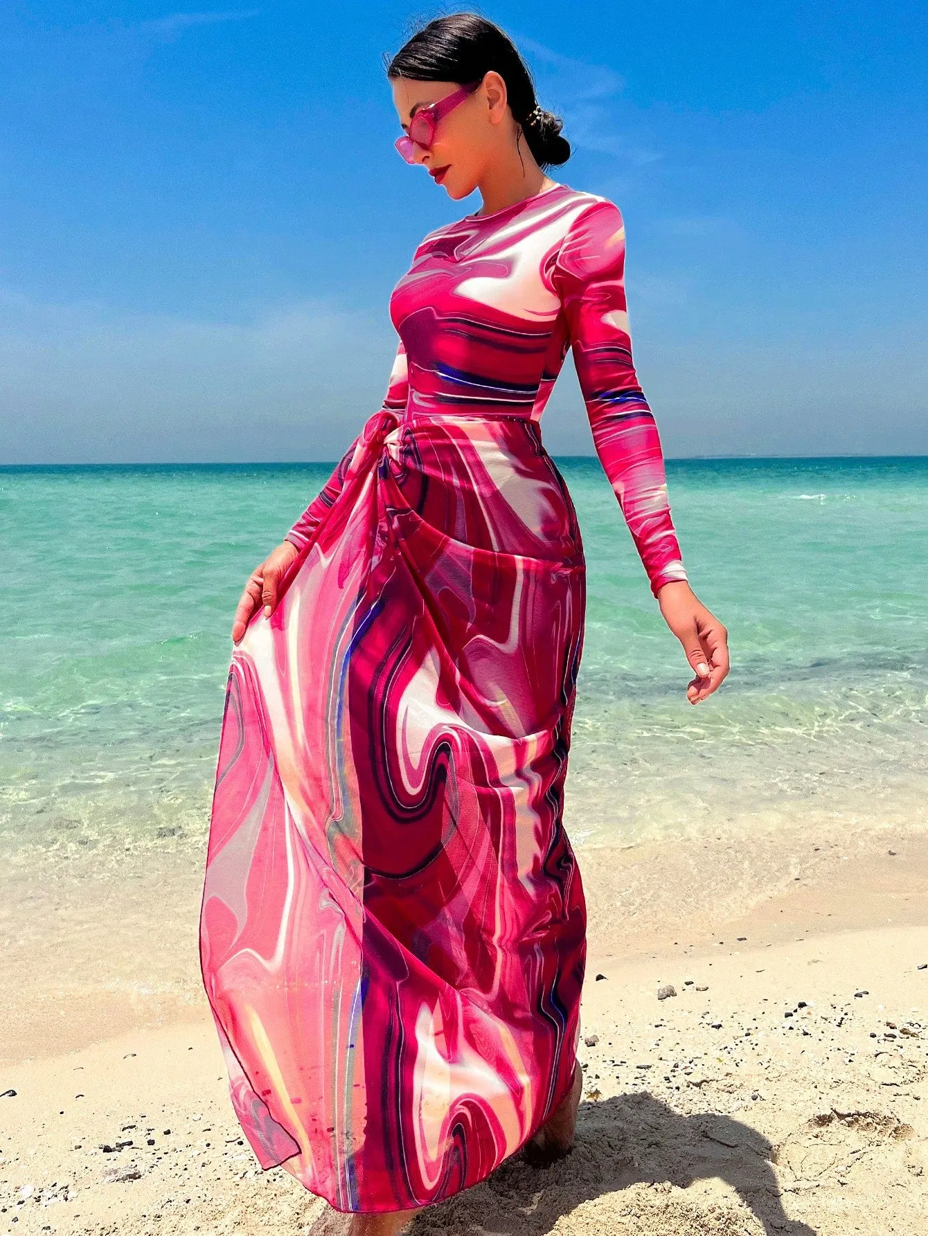 Allover Print One Piece Swimsuit With Beach Skirt SS23