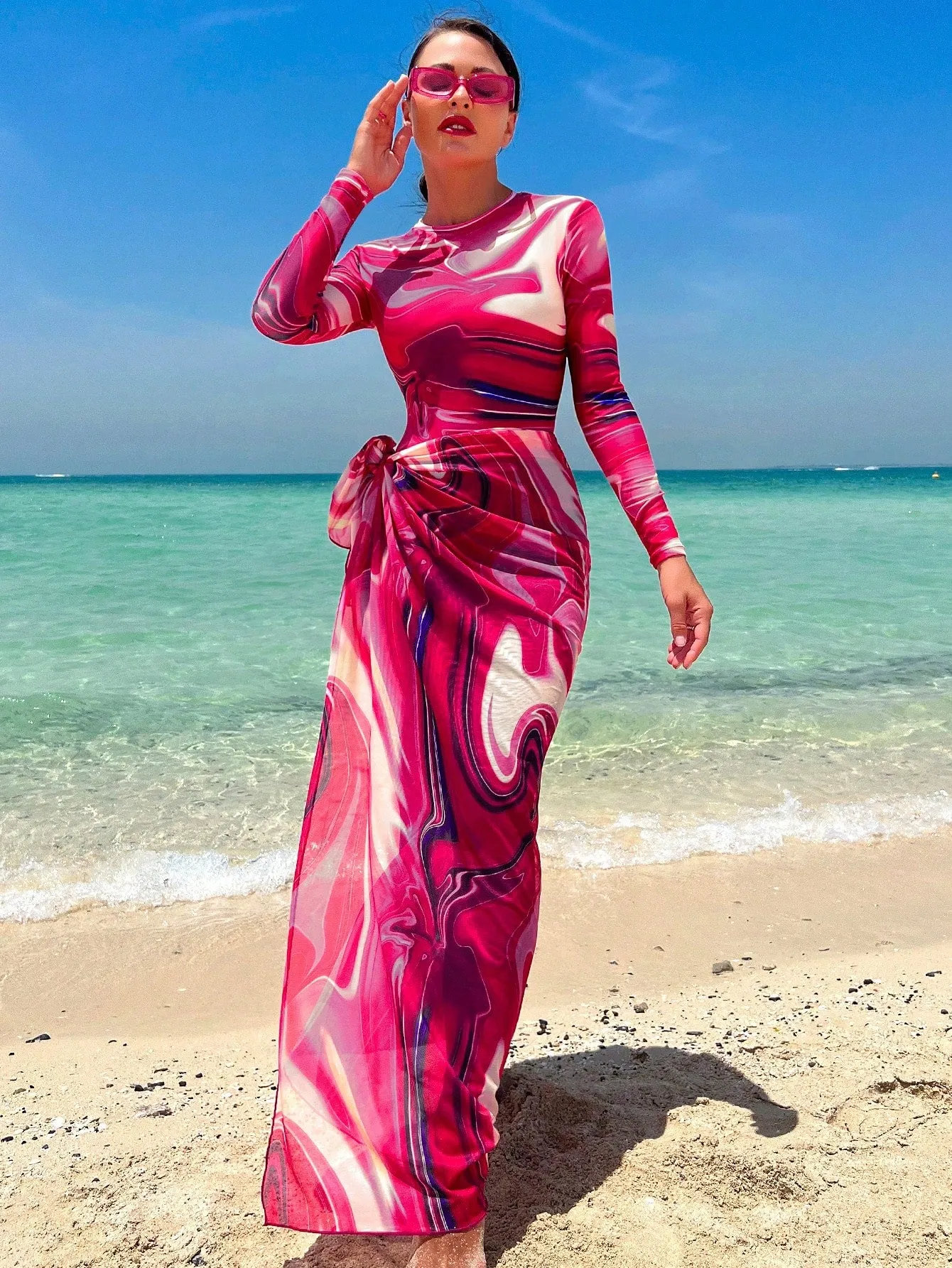 Allover Print One Piece Swimsuit With Beach Skirt SS23