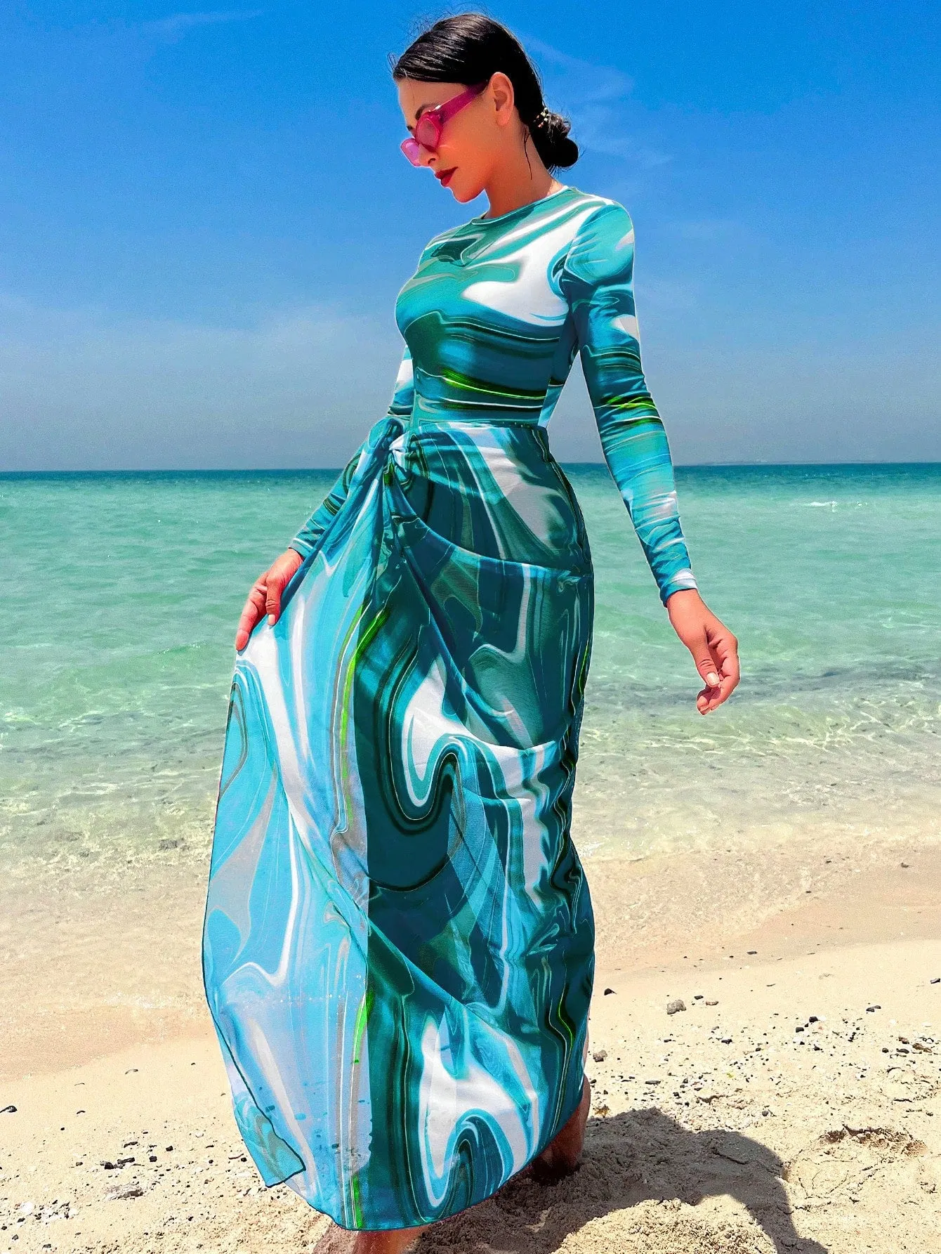 Allover Print One Piece Swimsuit With Beach Skirt SS23