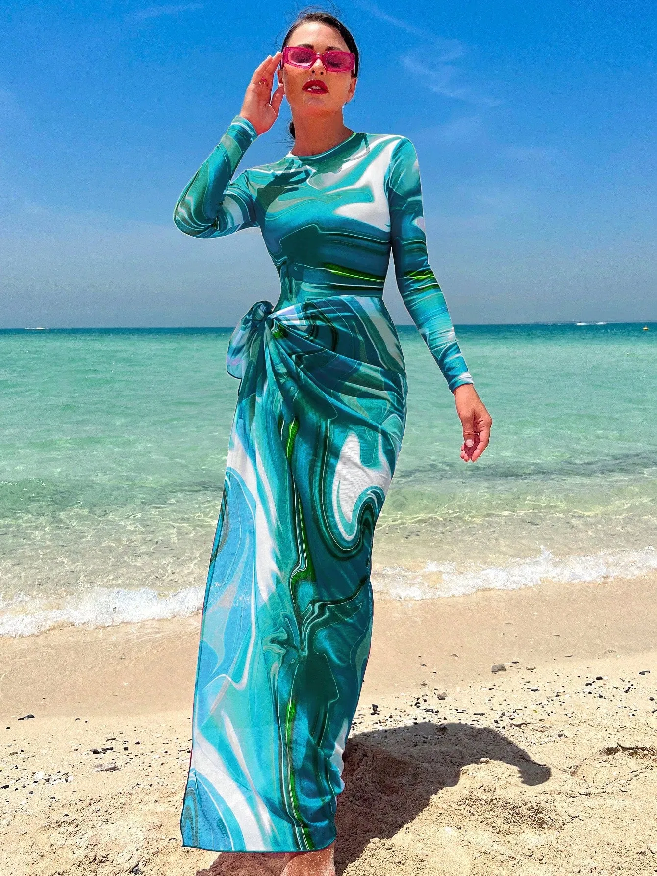 Allover Print One Piece Swimsuit With Beach Skirt SS23