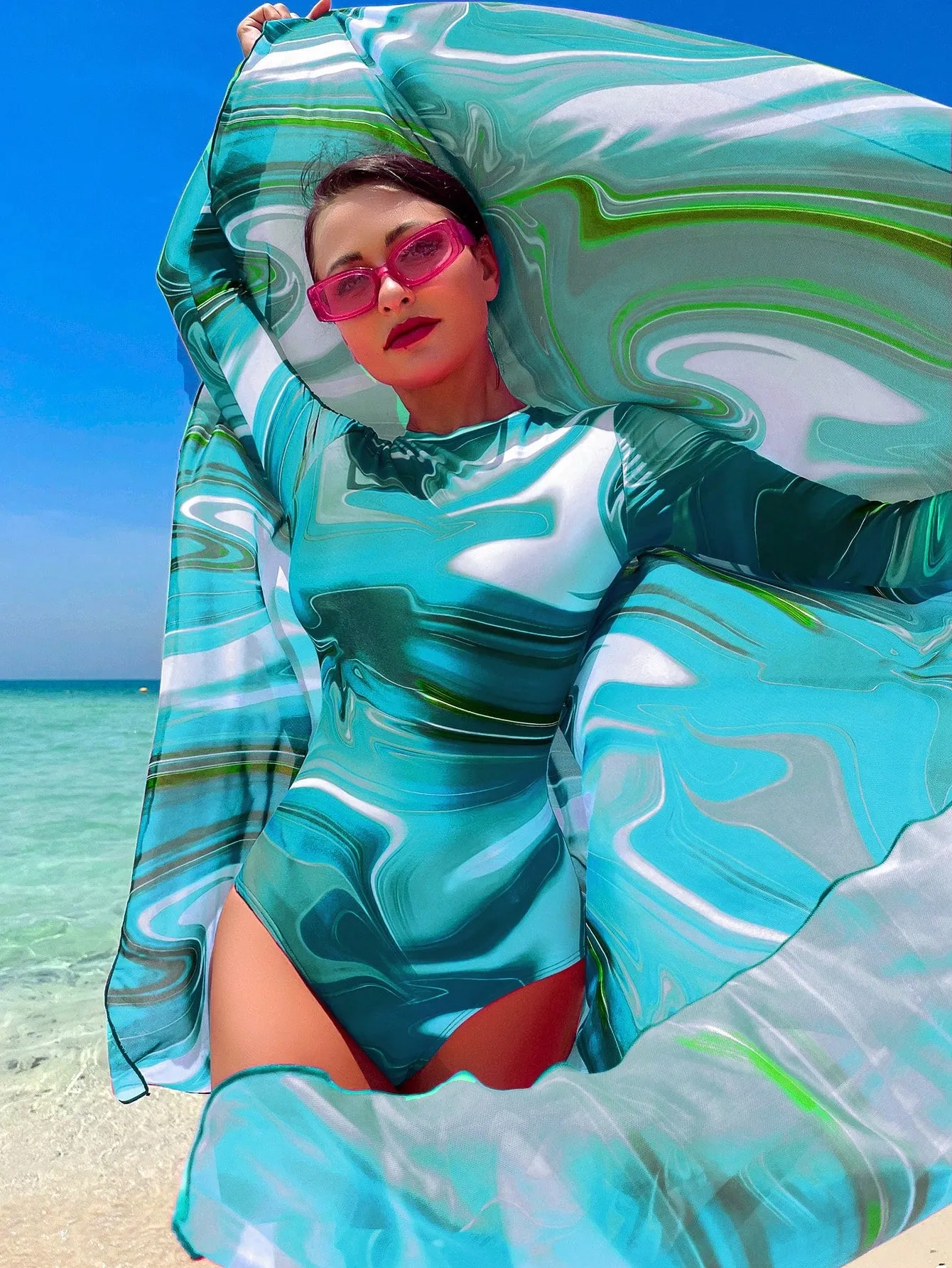 Allover Print One Piece Swimsuit With Beach Skirt SS23