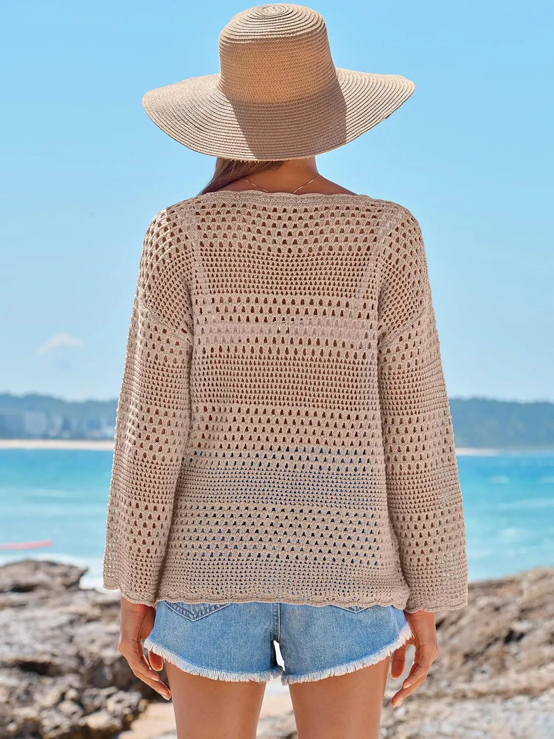ANRABESS Womens Crochet Cover Up Summer Long Sleeve Loose Fit Casual Sweater Tops Hollow Out Knit Swimwear 2025 Beach Shirts
