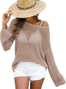 ANRABESS Womens Crochet Cover Up Summer Long Sleeve Loose Fit Casual Sweater Tops Hollow Out Knit Swimwear 2025 Beach Shirts