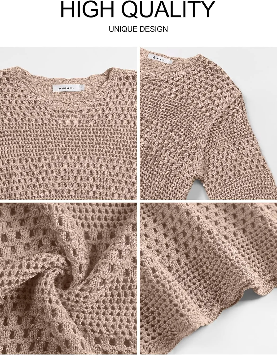 ANRABESS Womens Crochet Cover Up Summer Long Sleeve Loose Fit Casual Sweater Tops Hollow Out Knit Swimwear 2025 Beach Shirts