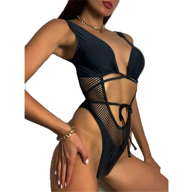 Black Cutout Grid One-piece Swimsuit