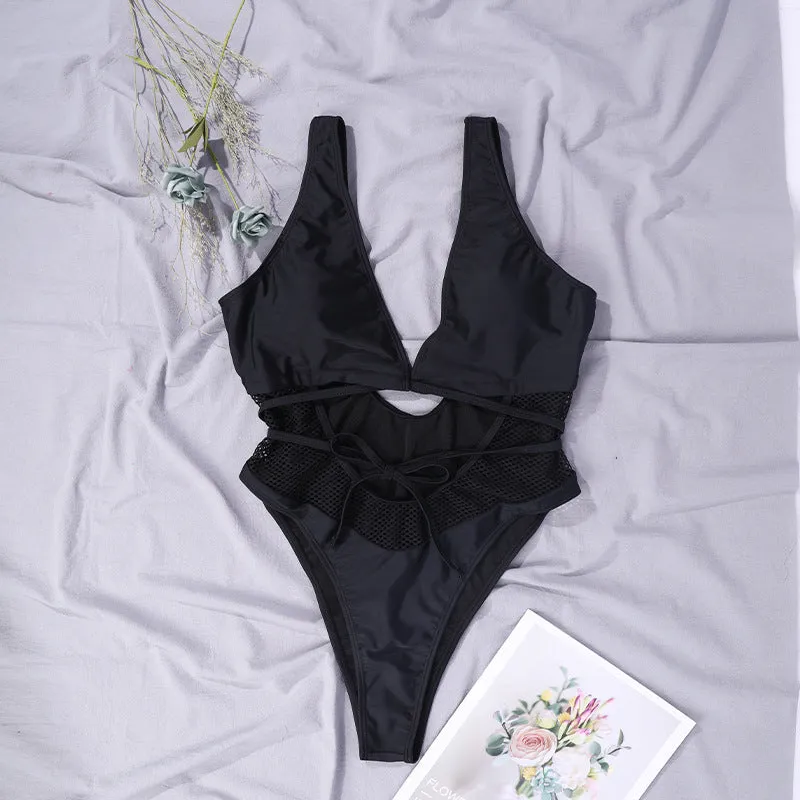Black Cutout Grid One-piece Swimsuit