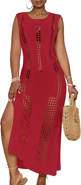 Bsubseach Crochet Beach Cover Ups for Women Sleeveles Swimsuit Coverups Hollow Out Summer Knit Bikini Beachwear