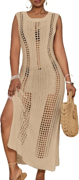 Bsubseach Crochet Beach Cover Ups for Women Sleeveles Swimsuit Coverups Hollow Out Summer Knit Bikini Beachwear