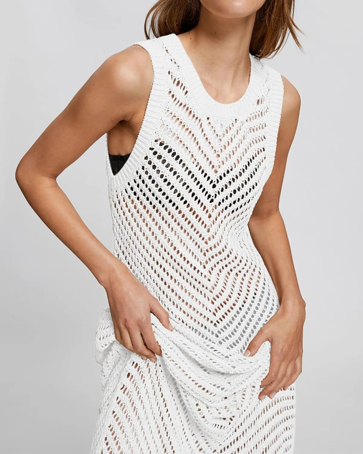 Bsubseach Women Crochet Swimsuit Cover Up Sleeveless Hollow Out Long Swim Coverup Beach Dress