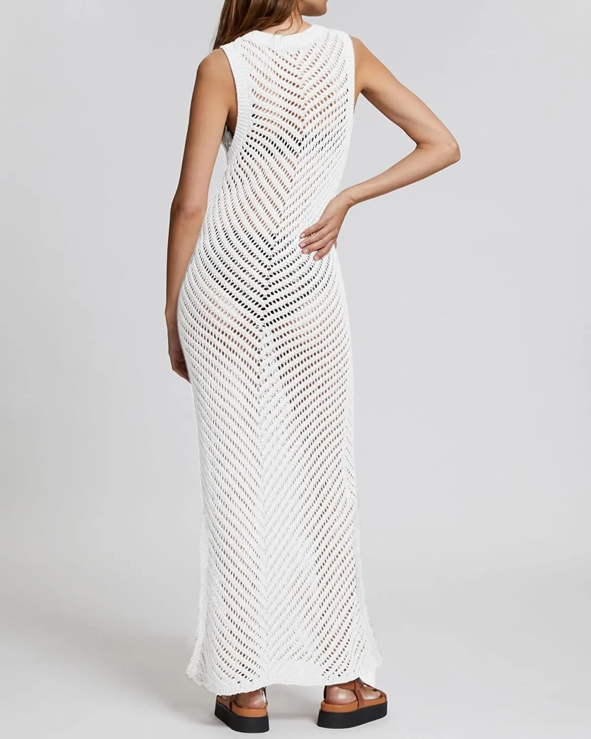 Bsubseach Women Crochet Swimsuit Cover Up Sleeveless Hollow Out Long Swim Coverup Beach Dress