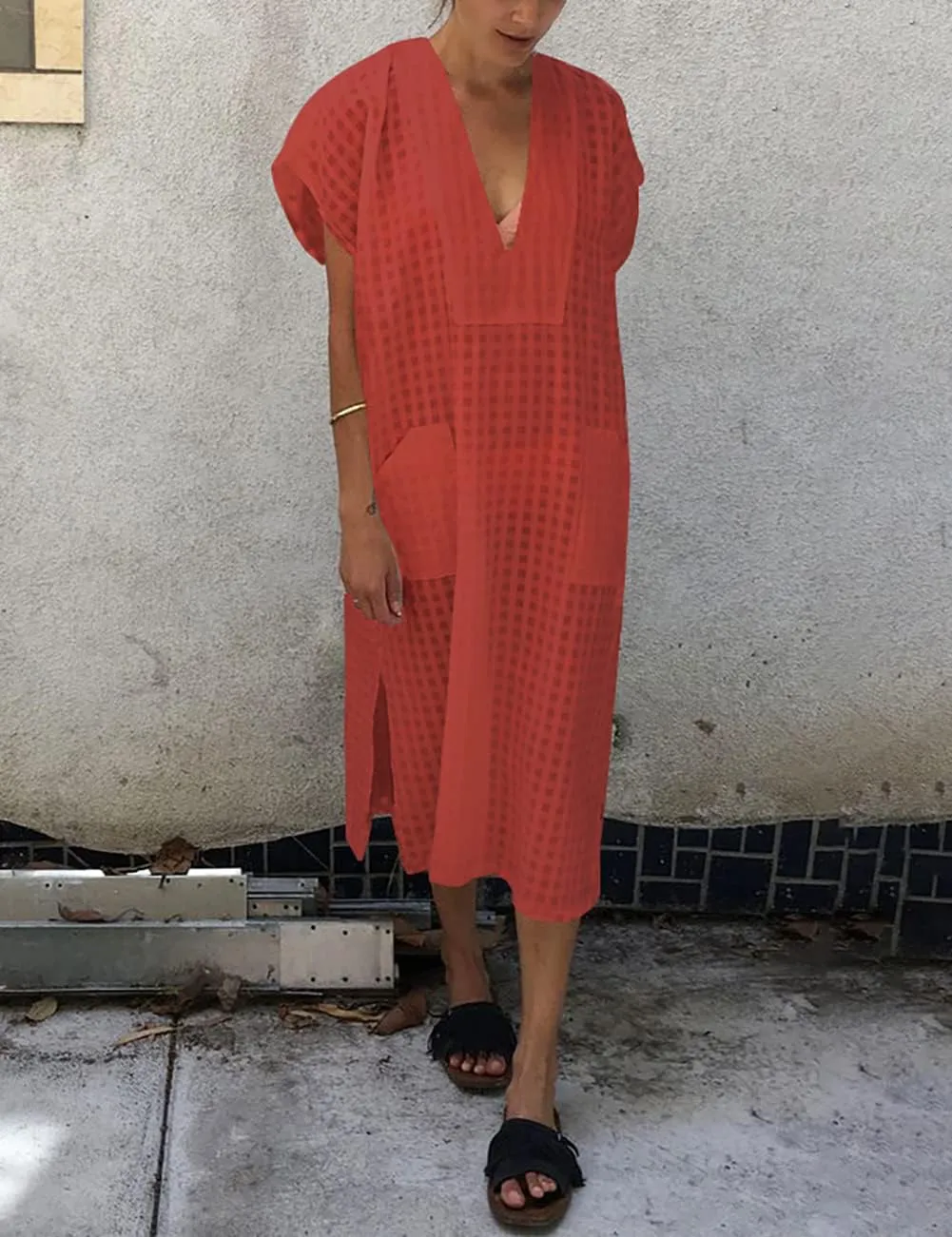 Bsubseach Women Plaid Swimsuit Cover Up V Neck Kaftan Dresses Caftan Maxi Dress