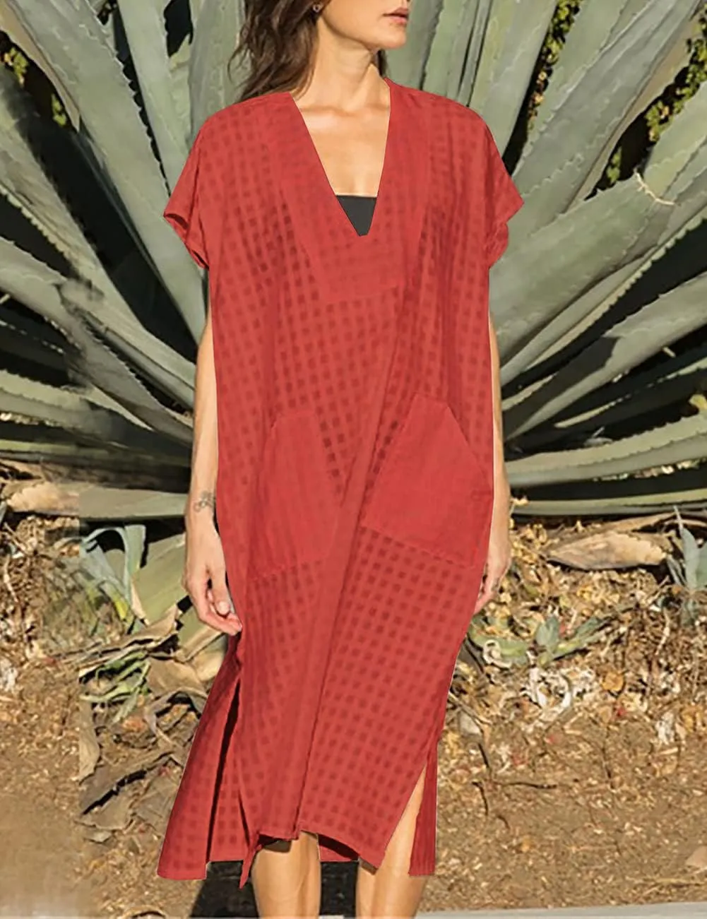 Bsubseach Women Plaid Swimsuit Cover Up V Neck Kaftan Dresses Caftan Maxi Dress