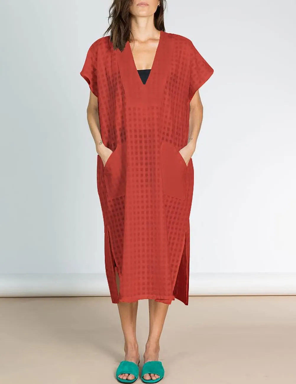Bsubseach Women Plaid Swimsuit Cover Up V Neck Kaftan Dresses Caftan Maxi Dress