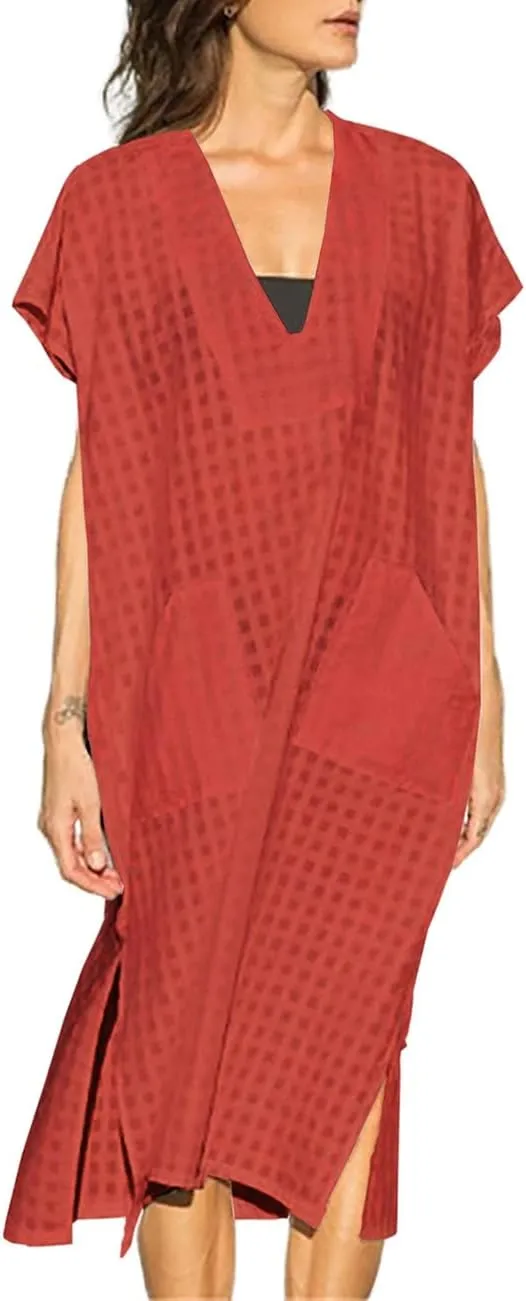 Bsubseach Women Plaid Swimsuit Cover Up V Neck Kaftan Dresses Caftan Maxi Dress