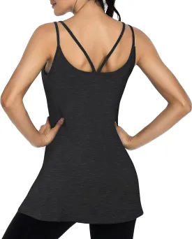 Cestyle Spaghetti Straps Camisole with Built-in Padded Shelf Bra for Women Dressy Casual, Scoop Neck Tunic Length Tank Tops