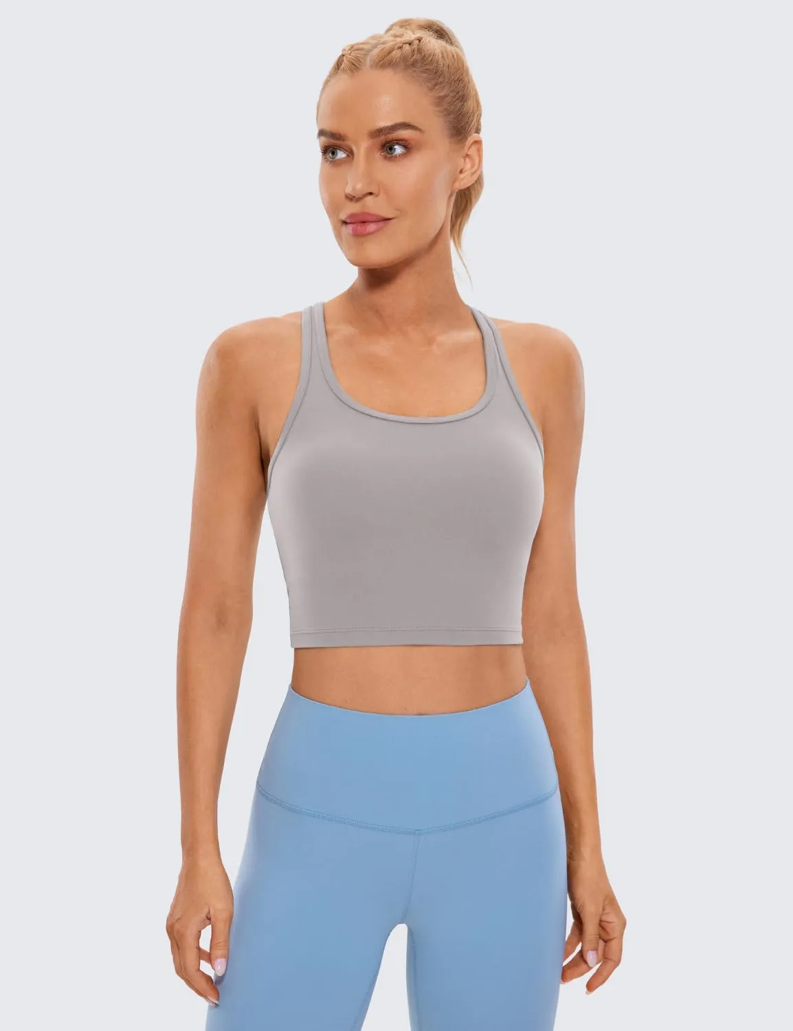 CRZ YOGA Butterluxe Womens Y-Back Racerback Longline Sports Bra - Padded Scoop Neck Workout Crop Tank Top with Built in Pads