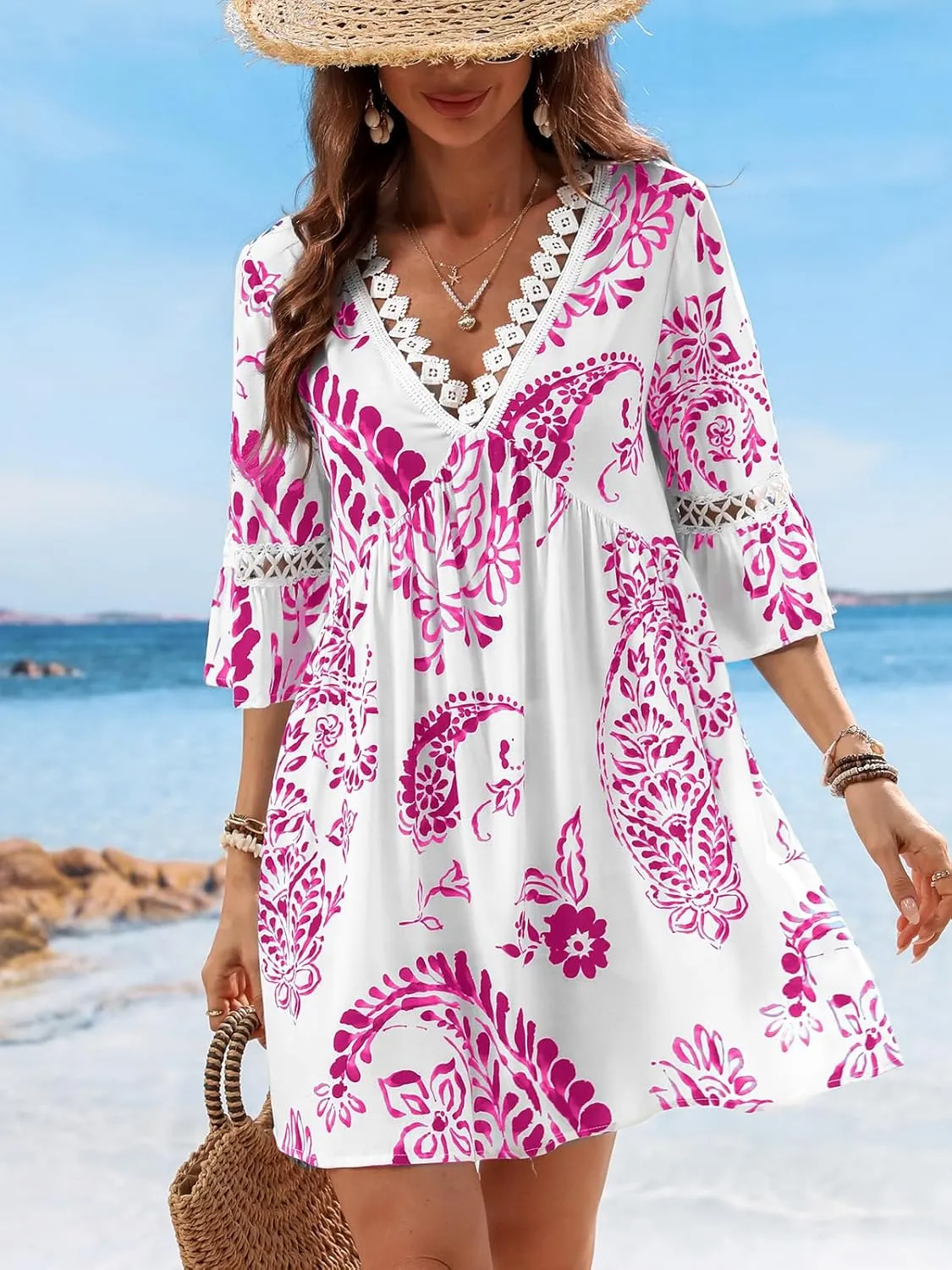 CUPSHE Women V Neck Lace Trim Mini Summer Dress Cover Up 3/4 Sleeve Ruffled Cuff Casual Sundress Beach Dresses Cover Ups