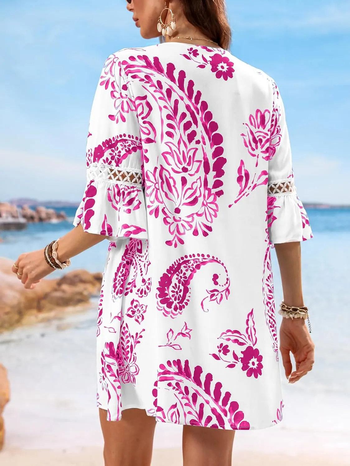 CUPSHE Women V Neck Lace Trim Mini Summer Dress Cover Up 3/4 Sleeve Ruffled Cuff Casual Sundress Beach Dresses Cover Ups