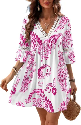 CUPSHE Women V Neck Lace Trim Mini Summer Dress Cover Up 3/4 Sleeve Ruffled Cuff Casual Sundress Beach Dresses Cover Ups