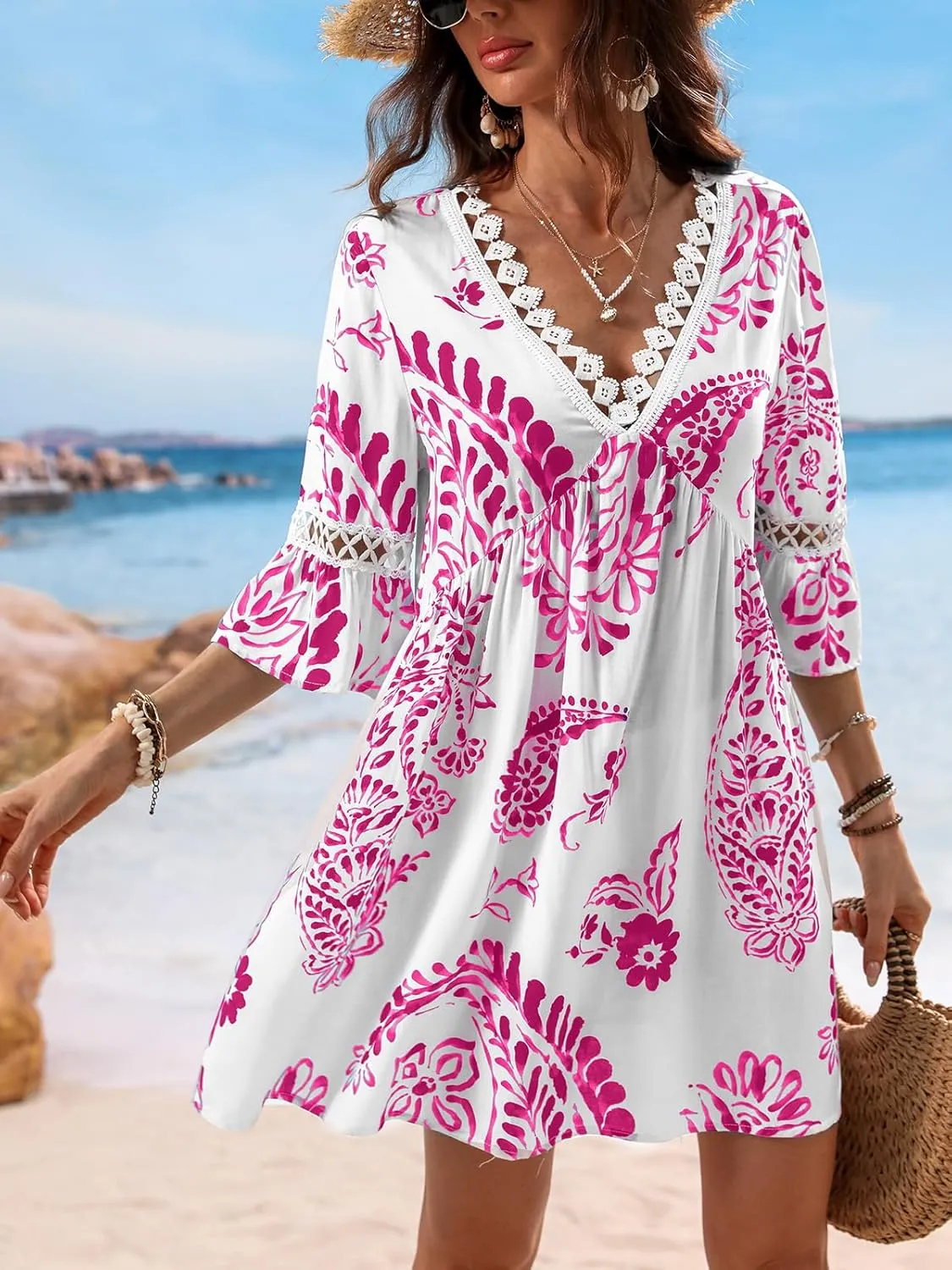 CUPSHE Women V Neck Lace Trim Mini Summer Dress Cover Up 3/4 Sleeve Ruffled Cuff Casual Sundress Beach Dresses Cover Ups