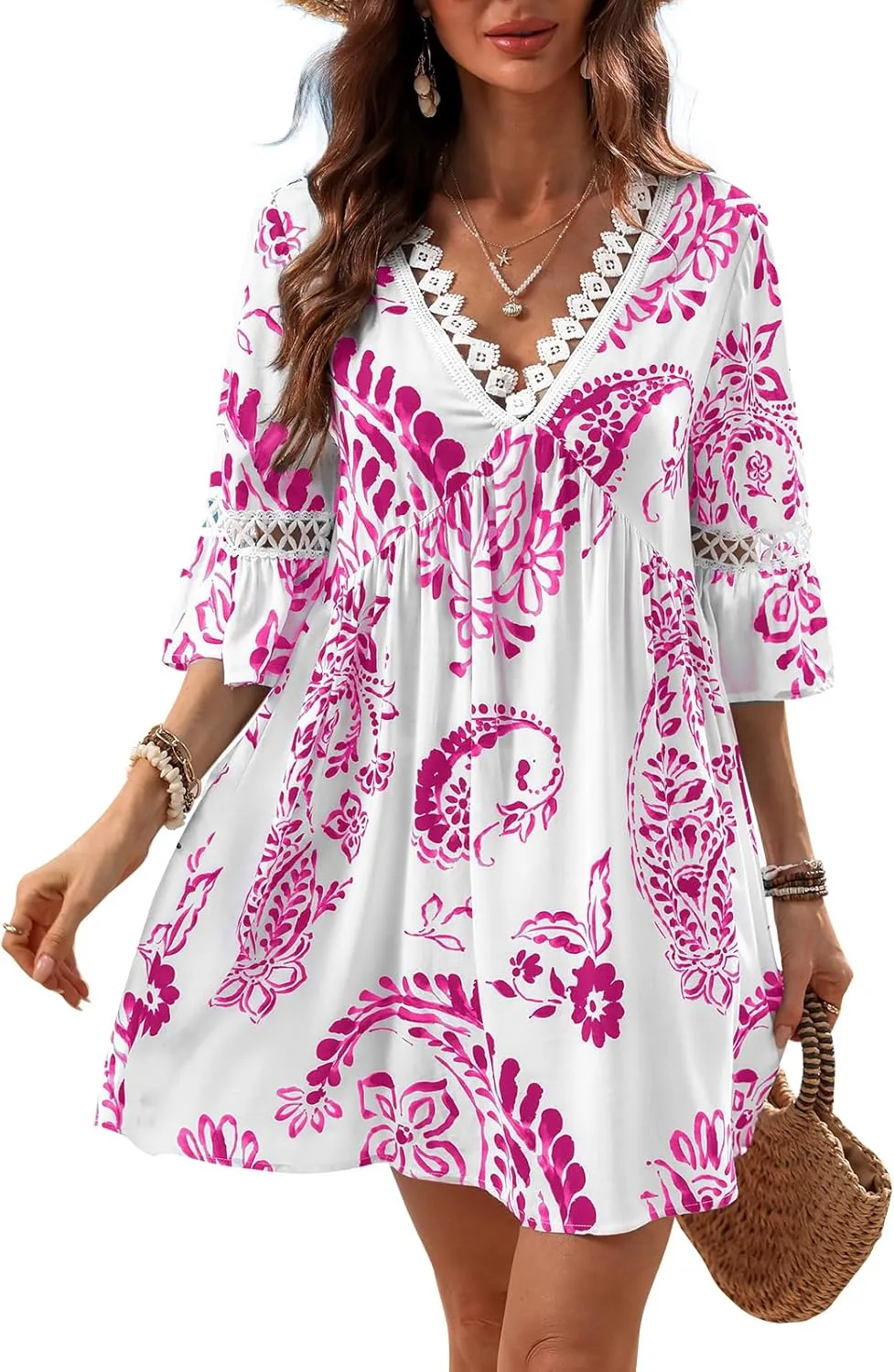 CUPSHE Women V Neck Lace Trim Mini Summer Dress Cover Up 3/4 Sleeve Ruffled Cuff Casual Sundress Beach Dresses Cover Ups