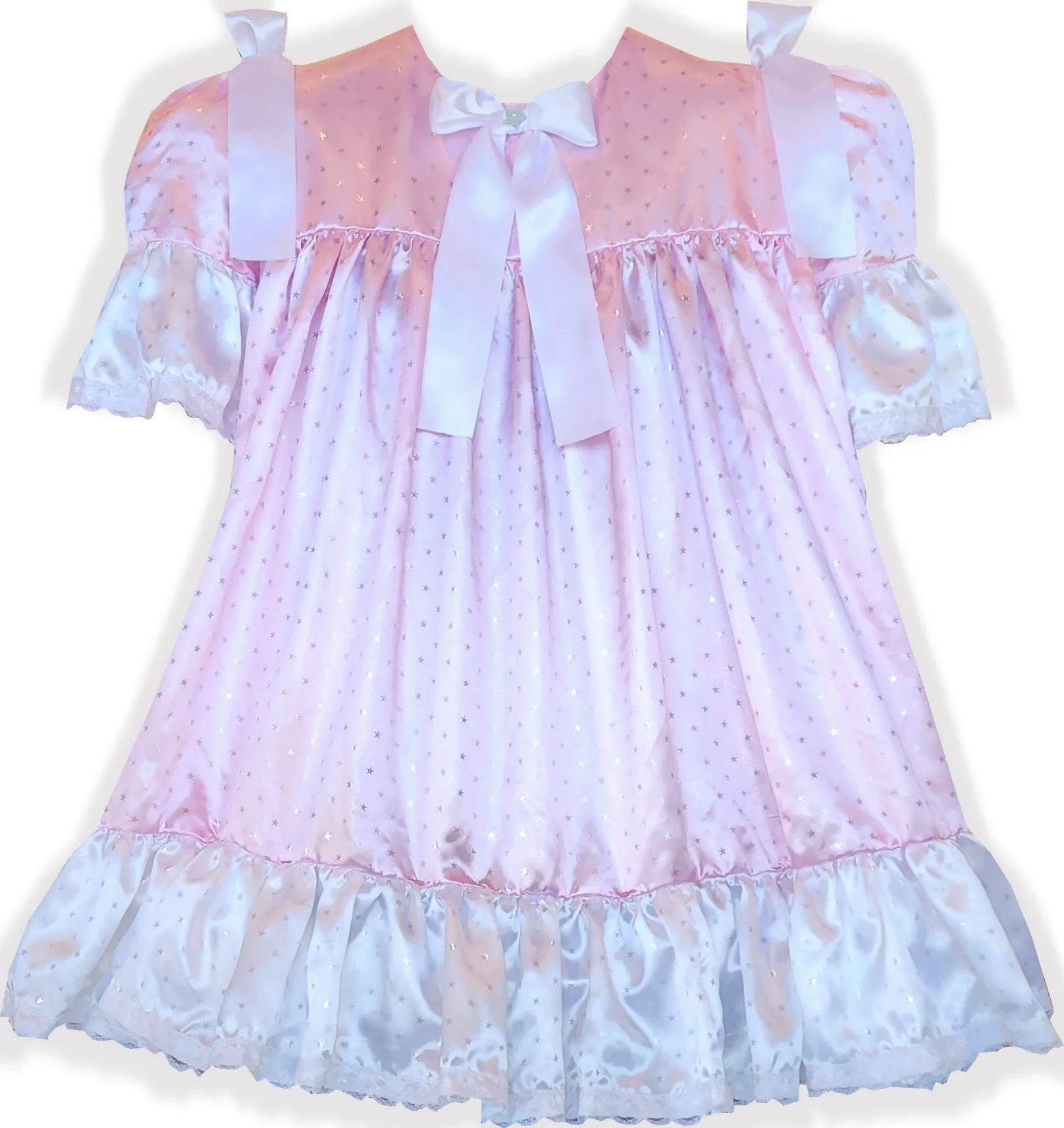 Custom Fit Pink White Satin Silver Stars Adult Sissy Nightgown by Leanne's