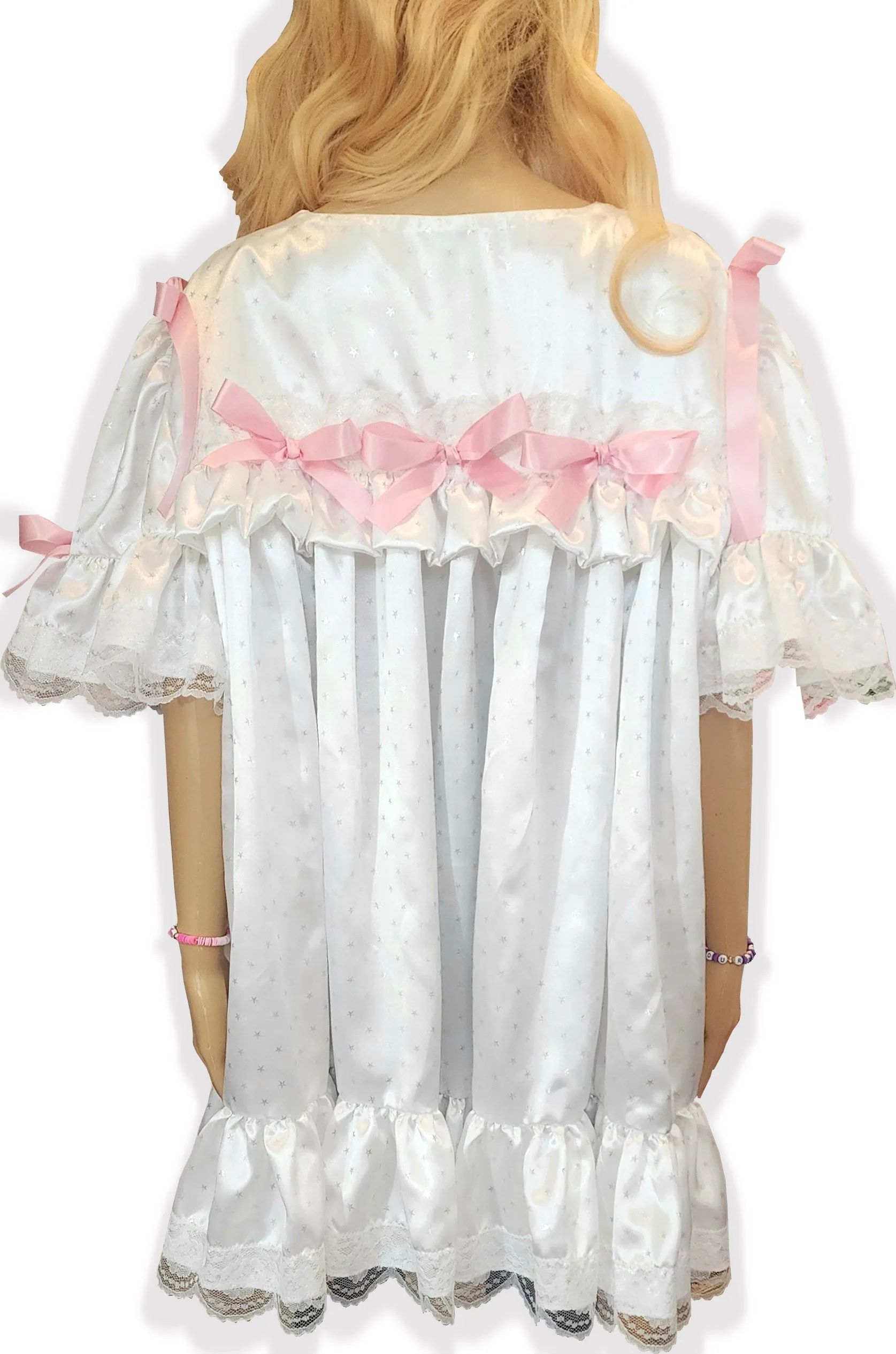 Custom Fit White Satin Stars Ruffles Bows Lace Adult Sissy Nightgown by Leanne's