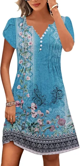 Disamer Womens Casual Dresses Short Sleeve Summer Dresses 2025 Boho Floral Beach Sundresses Spring A-Line Dress with Pockets