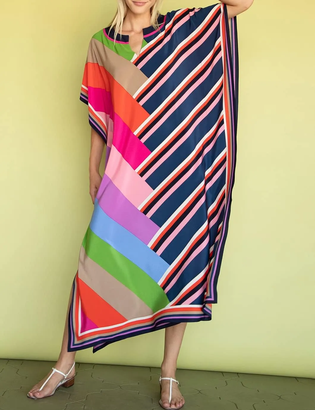 Eddoyee Women Long Print Swimwear Cover Up Sexy V Neck Side Split Beach Caftans Lounge Dresses